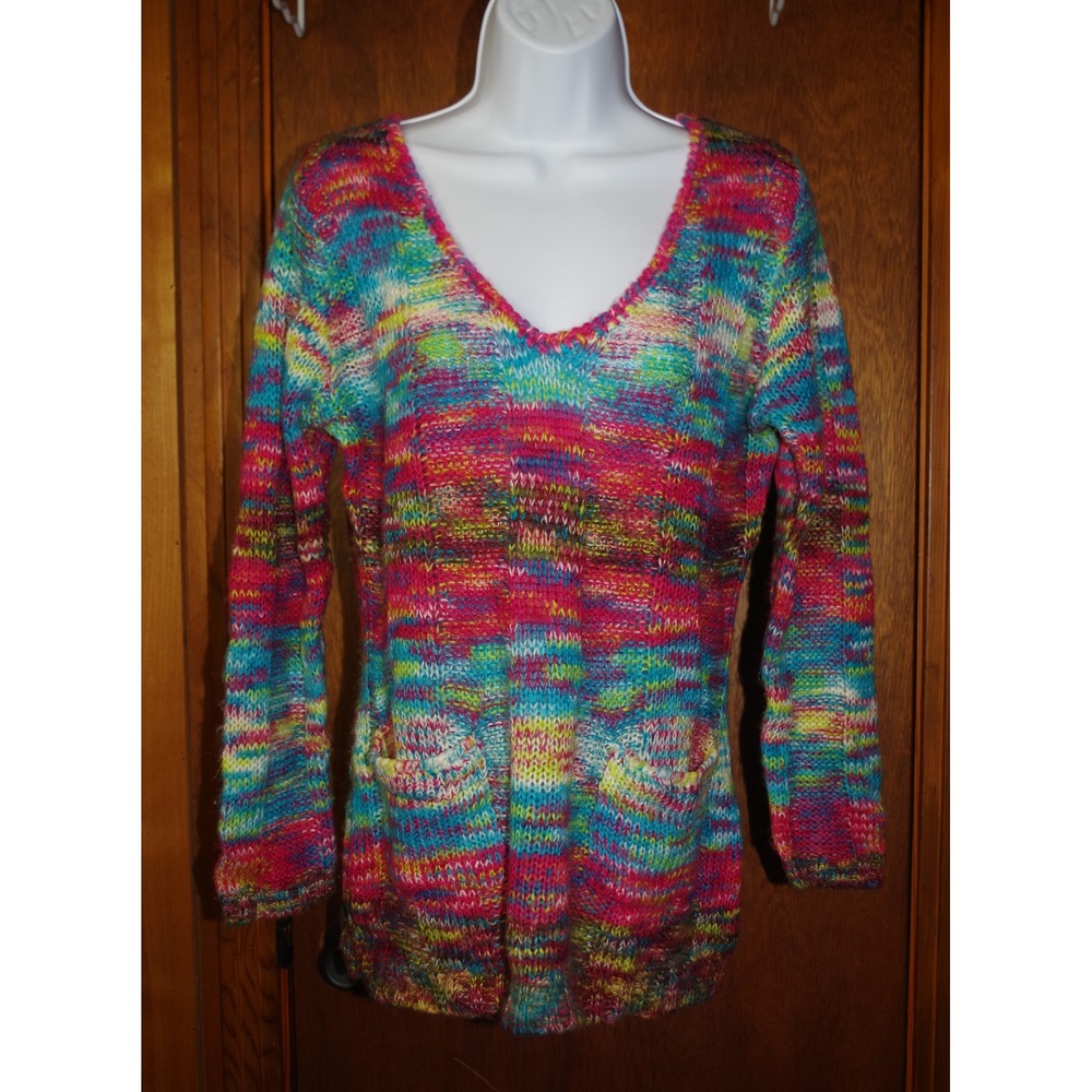 Bobbie Brooks‎ Womens Multi Color Space Dye V-Neck Knit Sweater Pockets Medium